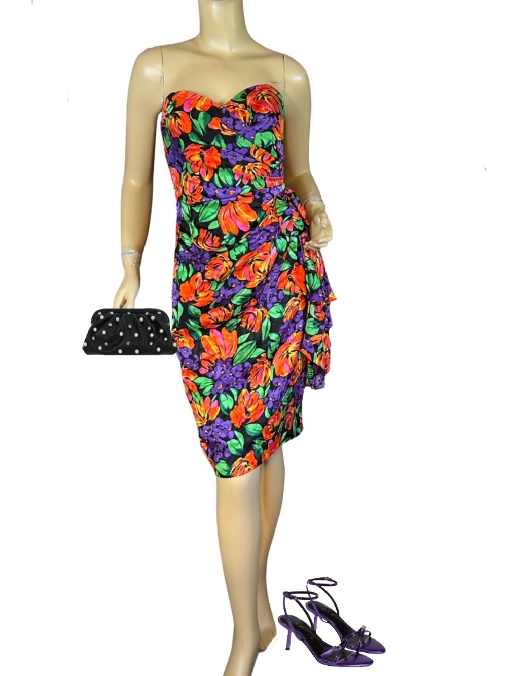 I. MAGNIN VINTAGE 1980’S COLORFUL STRAPLESS FLORAL PRINT SILK DRESS (4)